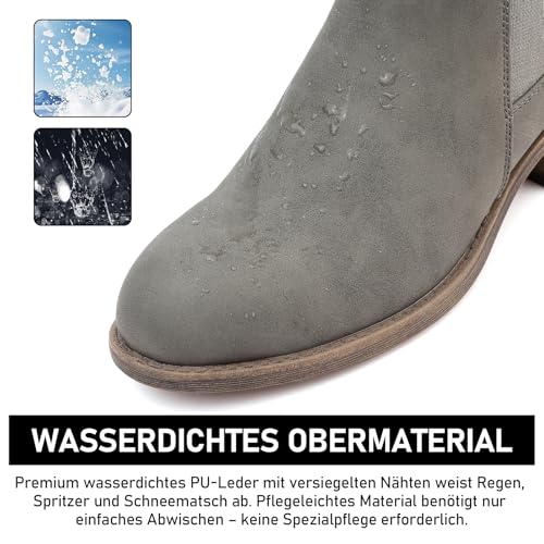 Maxome Stiefeletten Damen Knöchelstiefel Mit Reißverschluss Wasserdichte Leder Stiefeletten Stylische Chelsea Boots Mit Niedrigem Absatz Spitze Zehen Freizeitschuhe Herbst Winter Damenstiefel Grau