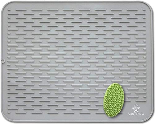Silicone Dish Drying Mat & Scrubber XXL 21" x18 " | Gray Kitchen Dish Drainer Mats & Trivet | Food Safe Fast Draining Pad for Dishes (Gray, XXL)