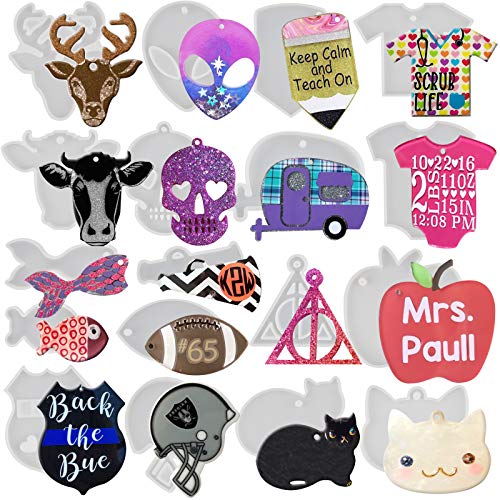 Keychain Charm Epoxy Resin Silicone Molds Set Make Bag Tag Dog Tags Party Favors Alien Camper Megaphone Pencil T-Shirt Football Apple Skull Baby Cat Police Badge Football Helmets