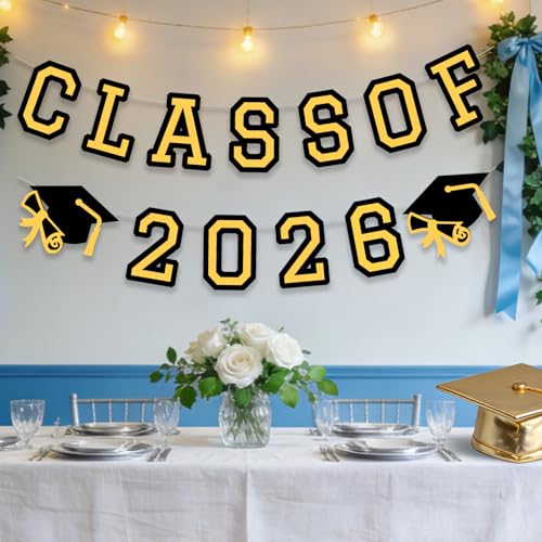 Image of Class of 2026 Graduation Banner University College Grad Garlands Decoration Party Supplies High School Colors Gold Black