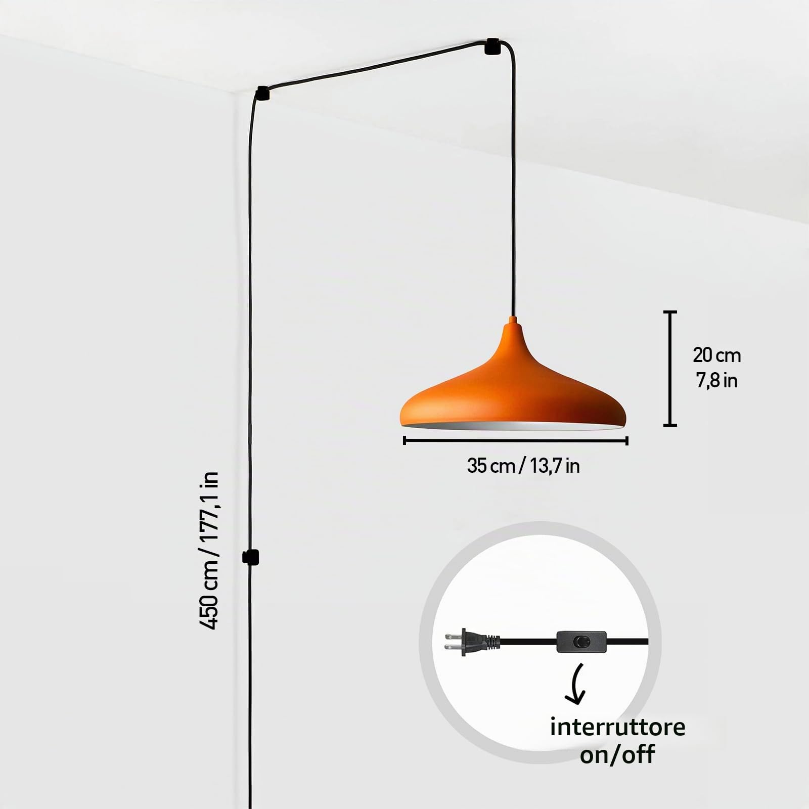 bamyum Lampadario a Sospensione con Spina, Lampadario Cucina 35 cm, Lampada da Soffitto con 450 cm Cavo, Lampadario a Sospensione, Lampada per Isola da Cucina in Metallo, Lampadario Arancione