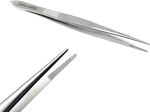 Pinzas quirúrgicas de micro precisión con puntas dentadas, pinzas de laboratorio de acero inoxidable, puntas rectas de punta fuerte, 4.5 pulgadas,