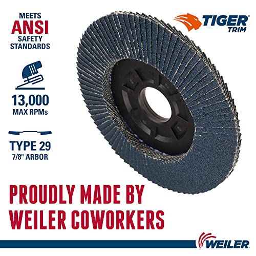 Image of Weiler 50004 Tiger 7 /8 inch Arbor, 4-1 /2 inch Diameter, 80 Grit, Zirconium, Trimmable Composite Backing, Angled Abrasive Flap Disc