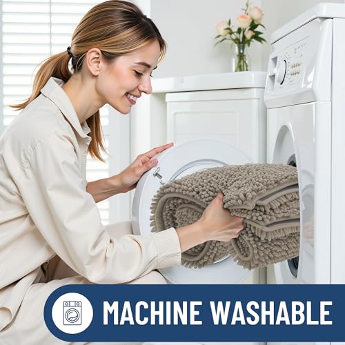 Smiry Luxury Chenille Bathroom Rugs 30x20, Extra Soft and Absorbent Shaggy Bath Mat, Machine Washable, Non-Slip Plush Carpet Runner for Tub, Shower, and Floor, Home Decor Accessories, Latte