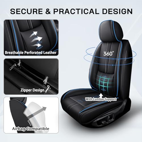 Image of Car Seat Covers for Neon,for Dodge Neon 2000-2005,Leather Front Seat Covers,Airbag-Compatible Car Seat Protectors,Waterproof Seat Cover for Cars(Black+Blue,2PCS /with Pillows)