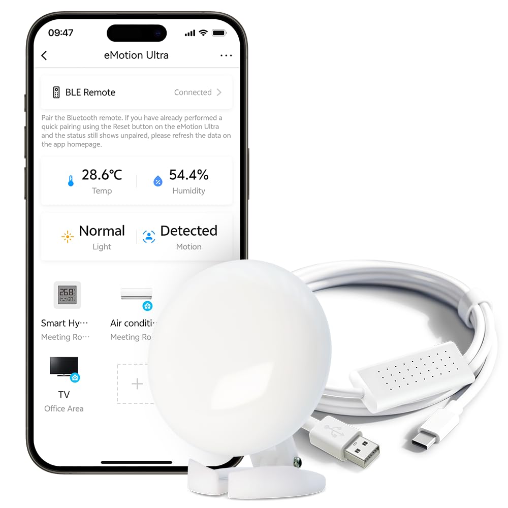 eMotion Ultra Sensor Inteligente de Presencia con Radar mmWave de 60GHz WiFi, IR, Luminosidad, Temperatura y Humedad, Compatible con MQTT Home Assistant, Alexa y Google Home