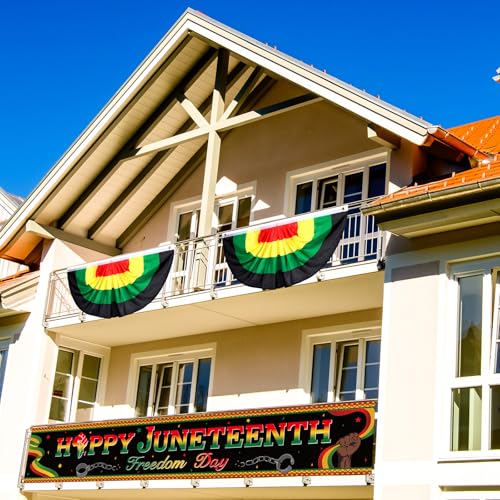 Image of Tiamon 3 Pcs Juneteenth Decorations Happy Juneteenth Banner with Bunting Fan Flag Africa America Pleated Half Fan Banner Freedom Day Party Supplies Backdrop for Outdoor Porch Garden
