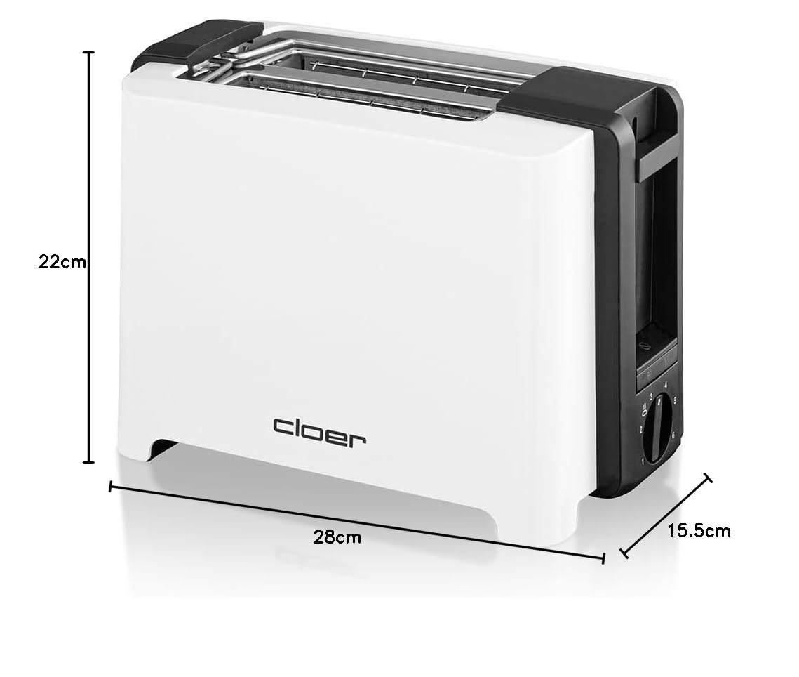 Cloer 3531 Tostapane Full-Size per 2 Fette XXL, 750-900 W, funzione toast-check, scaldapanini integrato, funzione di scongelamento, funzione di sollevamento, bianco