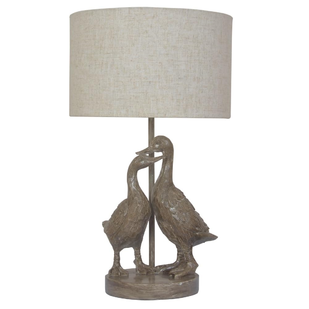Britalia Antique Gold Resin Standing Pair of Ducks Sculpture Vintage Table Lamp with Natural Linen Drum Shade | 43cm Height | 1 x ES E27 Lamp Bulb Required | High Definition Resin Birds
