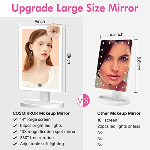 Large Lighted Makeup Mirror (X-Large) - 3 Color Lighting Modes Makeup Vanity Mirror With 88 Led Lights, 10X Magnification, Touch Sensor Dimming, 360° Rotation Tabletop Personal Beauty Light Up Mirror #TOP6