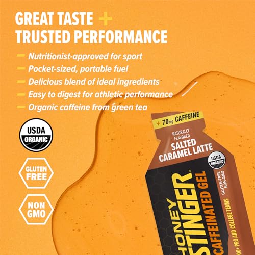 Image of Honey Stinger Organic Salted Caramel Energy Gel, Caffeinated & Gluten Free, for Exercise, Running and Performance, Sports Nutrition for Home & Gym, Pre and Mid Workout, 12 Pack, 13.2 Ounce | sports-nutrition-endurance-and-energy-gels-and-chews