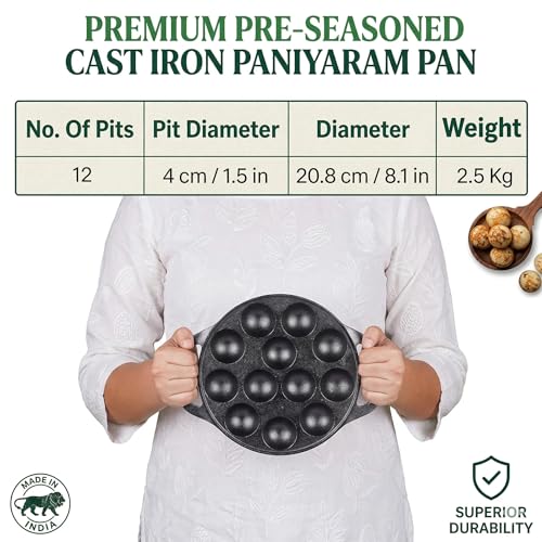 Image of Cast Iron 12 Cavity Paniyaram Pan | Pre-Seasoned Appam Patra, Kuzhi Paniyaram, Appe, Paddu, Ponganal, Litti & Pancake Maker | Naturally Non-Stick | Gas & Induction Compatible | 2 Side Handles