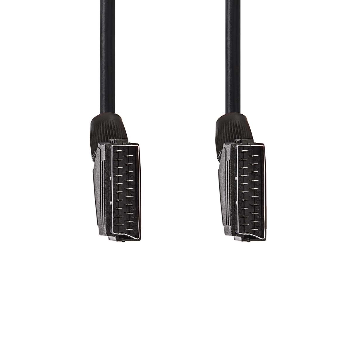 Nedis SCART - Cable euroconector - Conector euroconector - Niquelado - 480p - 1,50 m - Redondo - PVC - Negro - Etiqueta