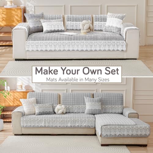 Image of HOKIPO 'BelleLace Series' Imperial Milk Velvet Sofa Cover Mat with Lace Design| Make Your Own Sofa Cover Set, Mat Length 90(D) x 90(L) cm, Cloud Grey (AR-5963-LGRY)