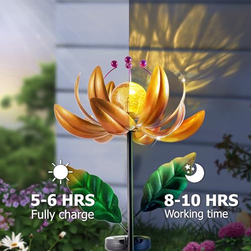 Image of Solar Lights Wind Spinners for Yard and Garden - Metal Lotus Flower Windmills LED Crackle Glass Globe Outdoor Garden Decor Yard Art Lawn Ornament