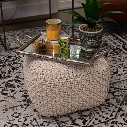 Birdrock Home Square Pouf Footstool Ottoman - Natural - Knit Bean Bag Floor Chair - Cotton Braided Cord - Great For The Living Room, Bedroom And Kids Room - Small Furniture #TOP4