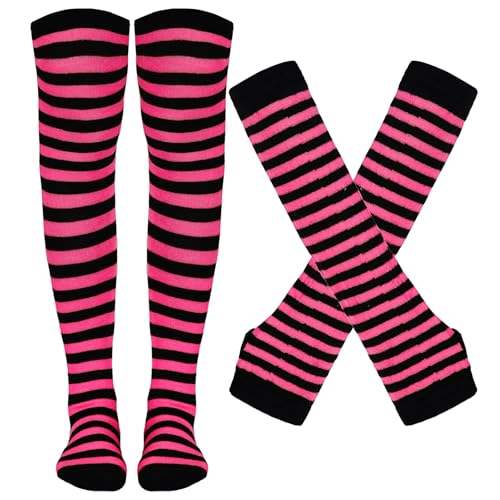 Image of Tongcloud Women's Striped Knee High Socks, Over Knee Thigh High Socks, Arm Warmer and Fingerless Gloves Set