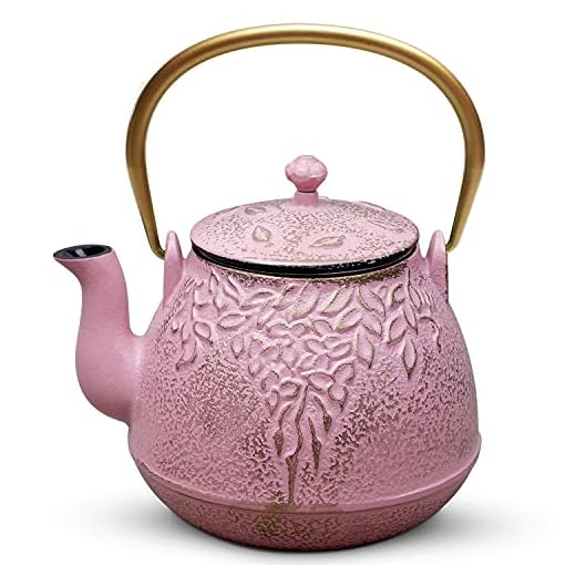 Cast Iron Teapot, TOPTIER Japanese Cast Iron Teapot with Infuser, Cast Iron Tea Kettle Stovetop Safe, Leaf Design Tea Kettle Coated with Enameled Interior for 32 Ounce (950 ml), Blush Pink