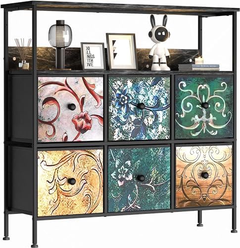 YILQQPER 6 Drawer Dresser with Shelves, Dresser for 43″ TV Stand, Wide Fabric Dresser for Bedroom, Chest of Drawers for Storage and Organization (Floral Painted)
