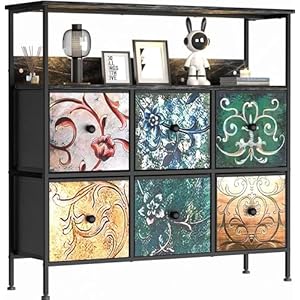 YILQQPER 6 Drawer Dresser with Shelves, Dresser for 43″ TV Stand, Wide Fabric Dresser for Bedroom, Chest of Drawers for Storage and Organization (Floral Painted)
