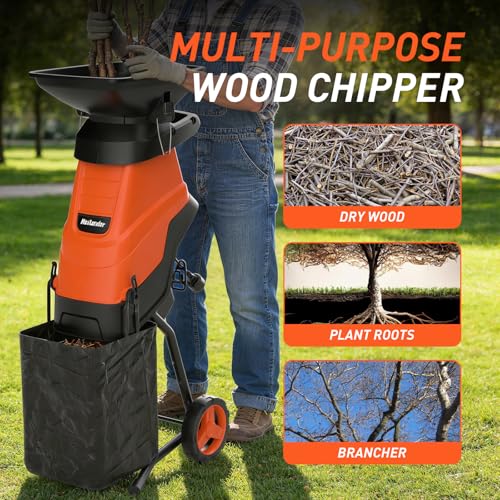 Image of MAXLANDER 15-Amp Electric Wood Chipper Shredder, 1.75-Inch Cutting Capacity, Yard Waste Mulcher for Composting Branches & Twigs, Corded Chipper with Collection Bag