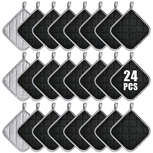Aemygo 24 Pcs Pot Holders Bulk for Kitchen Heat Resistant, 7X 7Inch Cotton Potholders with Hanging Loops Square Hot Pads Oven Pot Holder Trivet for Cooking Baking?Black