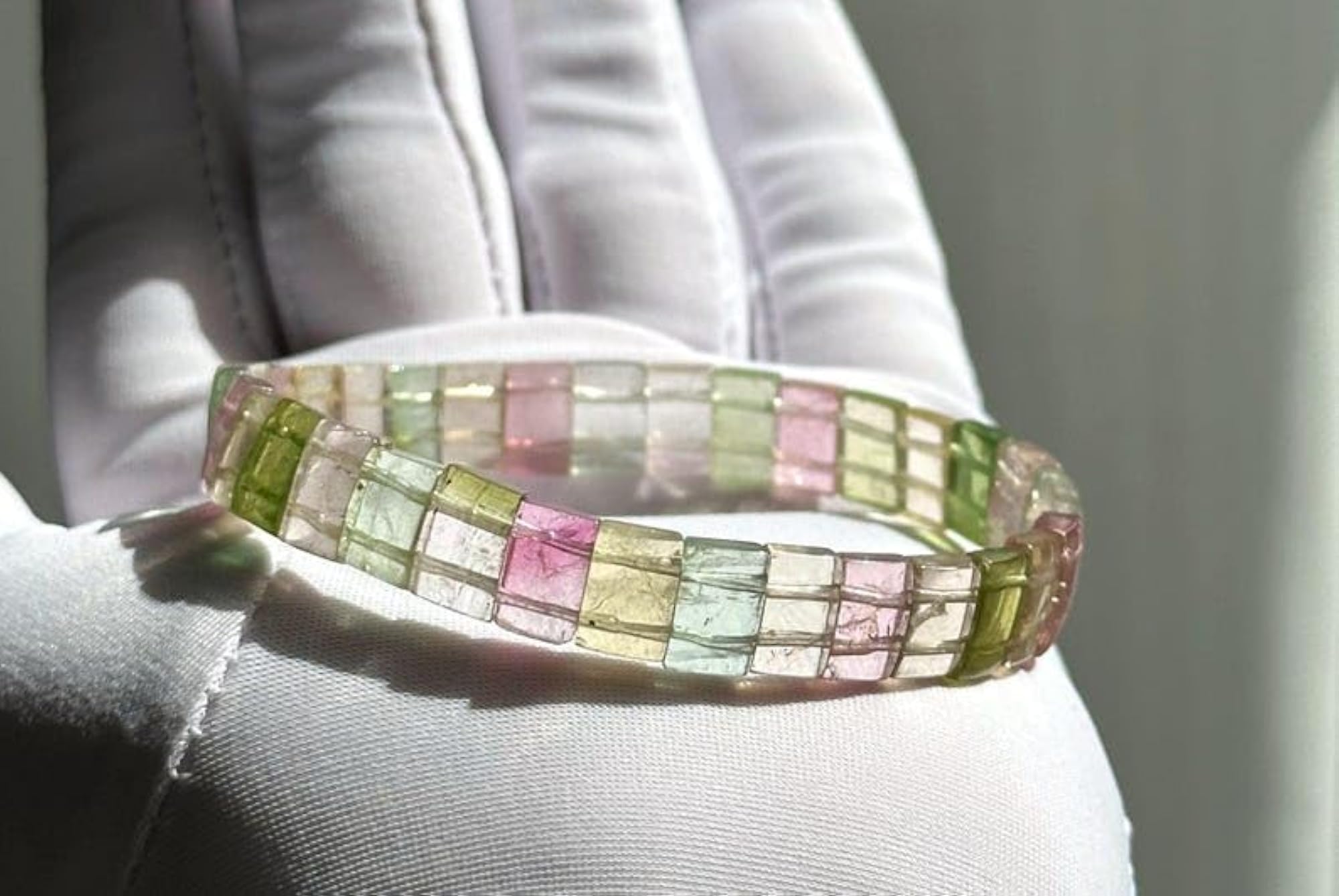 Natural Macaron Rainbow Tourmaline Gemstone Energy Stretch Bracelet