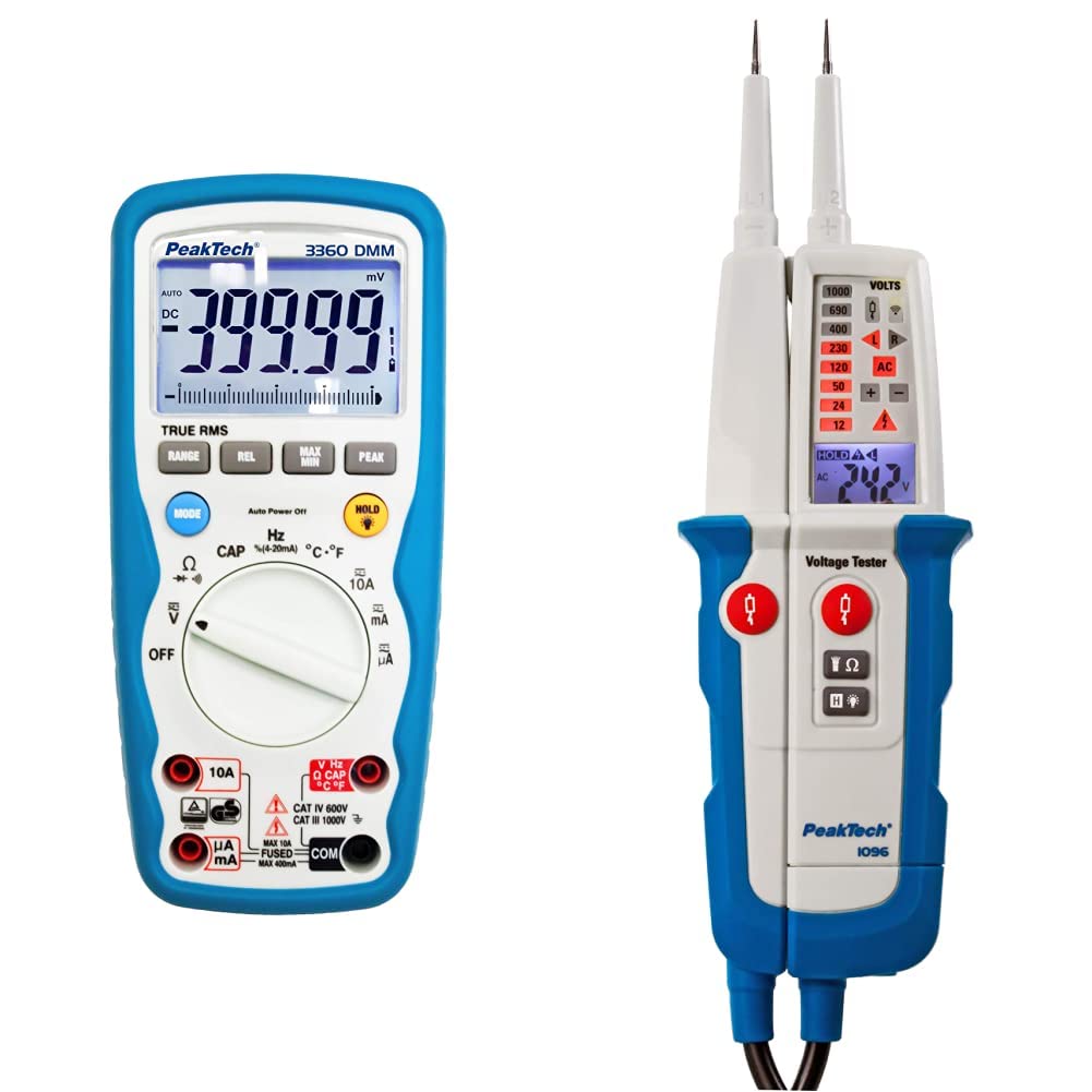 PeakTech P 3360 3360 – True RMS Digital Multimeter & 1096 – 2-poliger AC/DC Spannungsprüfer mit Dual Anzeige & FI-Test, Staub- & Wasser Schutz (IP64), LCD-Display + Taschenlampe, 6V - 1000V