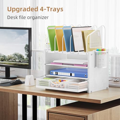 Image of Marbrasse Desk organizer with Drawer, 4-Tier Wooden File Organizer with 5 Vertical File Holders and 2 Pen Holders, Desk Organizers and Accessories for Home Office - White