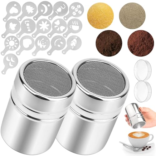 2 Pezzi Dosatore Cacao in Polvere Shaker con 16 Stampo per Cappuccino, Stencil Cappuccino Shaker in Acciaio Inossidabile per Biscotti Al Caffè Torte Cupcake Arte Decorazioni