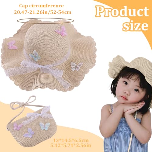 2Pcs/Set Kids Straw Hat and Straw Purse Cute Butterfly Lace Hat ＆ Straw Bag Adorable Tourism for Girls Sun Protection Outdoor Summer Beach Baby Hat & Purse, Straw Purse3
