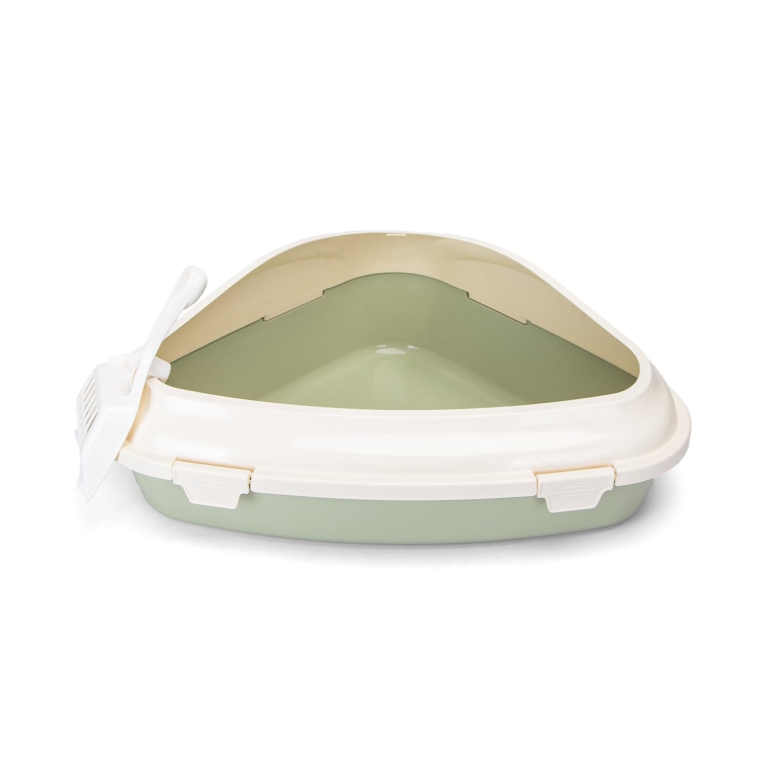 Cat litter box with shovel, compact design, easy cleaning, durable material, ideal for maintaining hygiene and comfort of your pet.