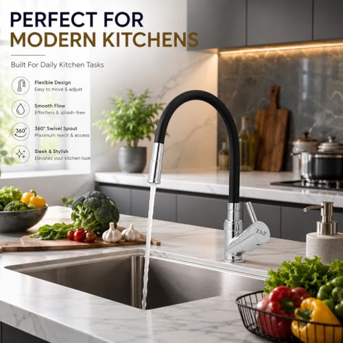 Image of ZAP Pluto Brass Kitchen Tap for Sink | Flexible Silicone Swan Neck Faucet with 360 Swivel Spout | Single Lever Cold Water Tap | Deck Mounted Kitchen Sink Mixer for Home & Utility Areas
