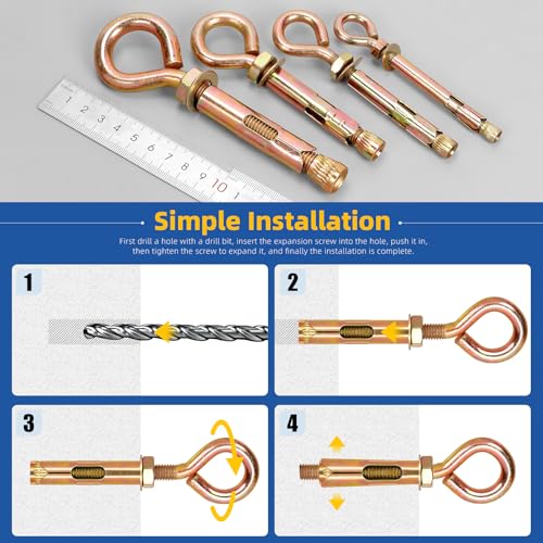 Image of Glarks 8pcs M8 Concrete Eye Bolts, Carbon Steel Expansion Screws Closed Hook Bolts, Colored Zinc Plated Expansion Eye Bolt Screw Anchor for Wall Masonry Concrete Expansion Heavy Duty Bolts