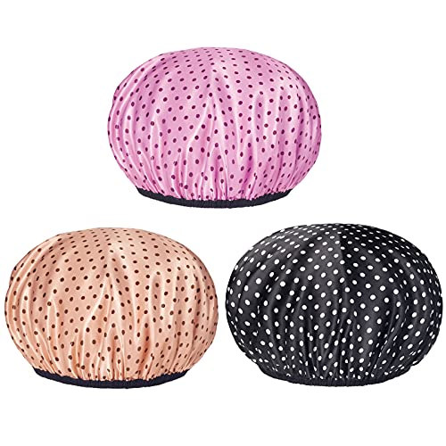 Auban Shower Cap,Shower Cap for Women Long Hair,Reusable 100% Waterproof Silky Satin Hair Bath Cap,Large Size for All Hair Length 3 Colors(Polka Dot)