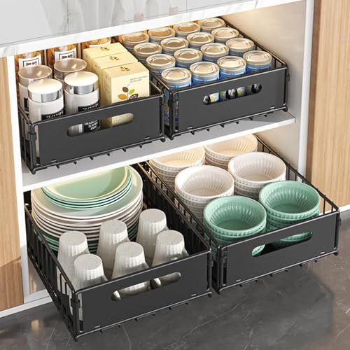 2 Pack Pull Out Cabinet Organizer Sliding Drawer System Carbon Steel Storage Shelves for Kitchen Pantry Bathroom Heavy Duty with Smooth Damping Rails