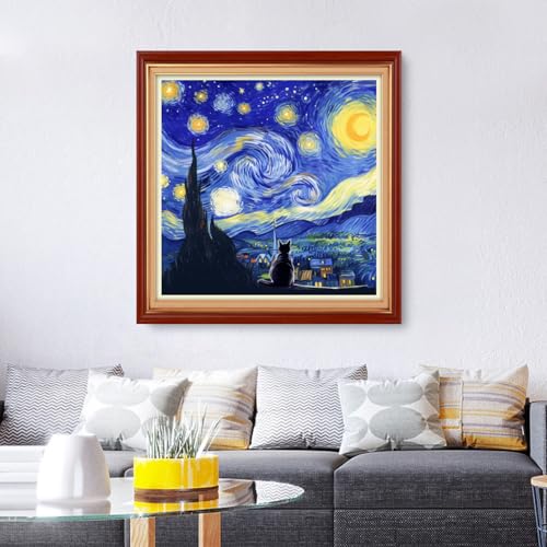 Image of Foxhool Stamped Cross Stitch Kits,11CT Printed Cross Stitch Pattern Full Embroidery Kits for Beginner Needlepoint Kits&Cat admires Van Gogh's Starry Sky 18x18 inch