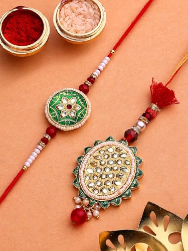 Image of Sukkhi Rakhi Creative Gold Plated with Meenakari Handwork Om Rakshabandhan Lumba Rakhi for Brother Bhaiya Bhabhi with Roli Chawal & Greeting Card|Set of 2