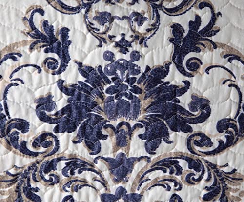 Chezmoi Collection CHLORIS-QUILT-NAVY-QUEEN Chloris 3-Piece Printed Floral Medallion Quilt Set thumb #3