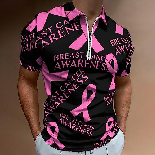 Pink Breast Cancer Awareness Men's Zippered Polo Shirt Casual Short Sleeve T Shirts Classic Fit Tee Top2