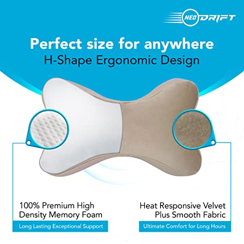 Image of Neodrift 'Neckbone' - Memory Foam Orthopedic Neck Support Car Headrest Velvet Cushion Pillow for Neck, Head, Shoulder Pain-Relief for Car Seat, Gaming Chair, Office Chair (Set of 2) Colour- Beige
