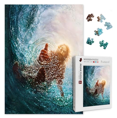 Christian Puzzles for Adults Wooden Jigsaw Puzzles 500 Pieces Hand of Jesus Under Water Religious Puzzles Christian Gifts Puzzle Religious Wall Decor