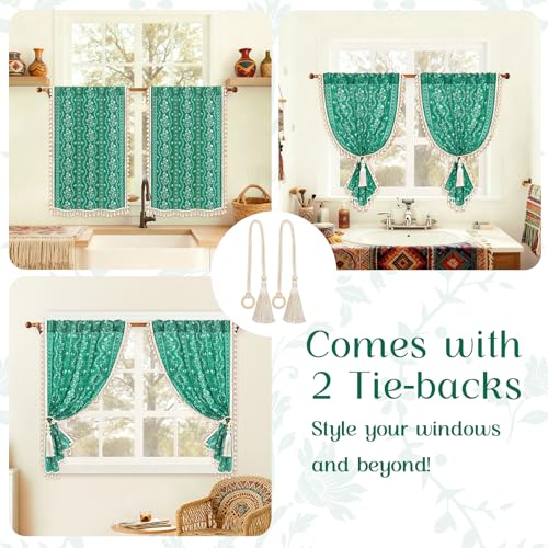 Image of Yinhua Boho Kitchen Curtains 36 Inch Length Vintage Linen Cafe Curtains Light Filtering Bohemian Floral Tier Rod Pocket Farmhouse Rustic Tassel Small Drapes with Tiebacks, 2 Panels, Teal
