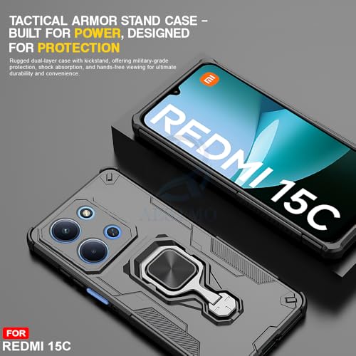 Image of AESTMO Armor Back Cover for Redmi 15C 5G / Poco C85 5G | Ring Holder & Kickstand & Camera Protection in-Built | 360 Degree Protection Back Case Cover (Black)