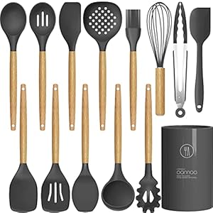 14 Pcs Silicone Cooking Utensils Kitchen Utensil Set – 446°F Heat Resistant,Turner Tongs, Spatula, Spoon, Brush, Whisk, Wooden Handle Gray Gadgets with Holder for Nonstick Cookware (BPA Free)