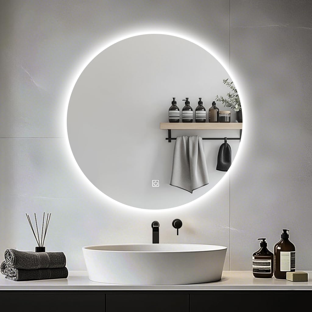 JAMUBOCHE Espejo de baño LED para fregadero, espejo eléctrico redondo de 80 cm con luces retroiluminadas para afeitarse en la ducha, montaje en pared sin niebla, iluminación regulable de 3 colores