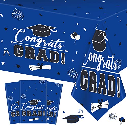 3 Pcs Graduation Tablecloth - Congrats Grad Table Cloth for Class of 2025, Disposable Plastic Rectangle Grad Table Cover for Graduation Party Decorations 2025 and Party Supplies, 54 x 108 Inch (Blue)