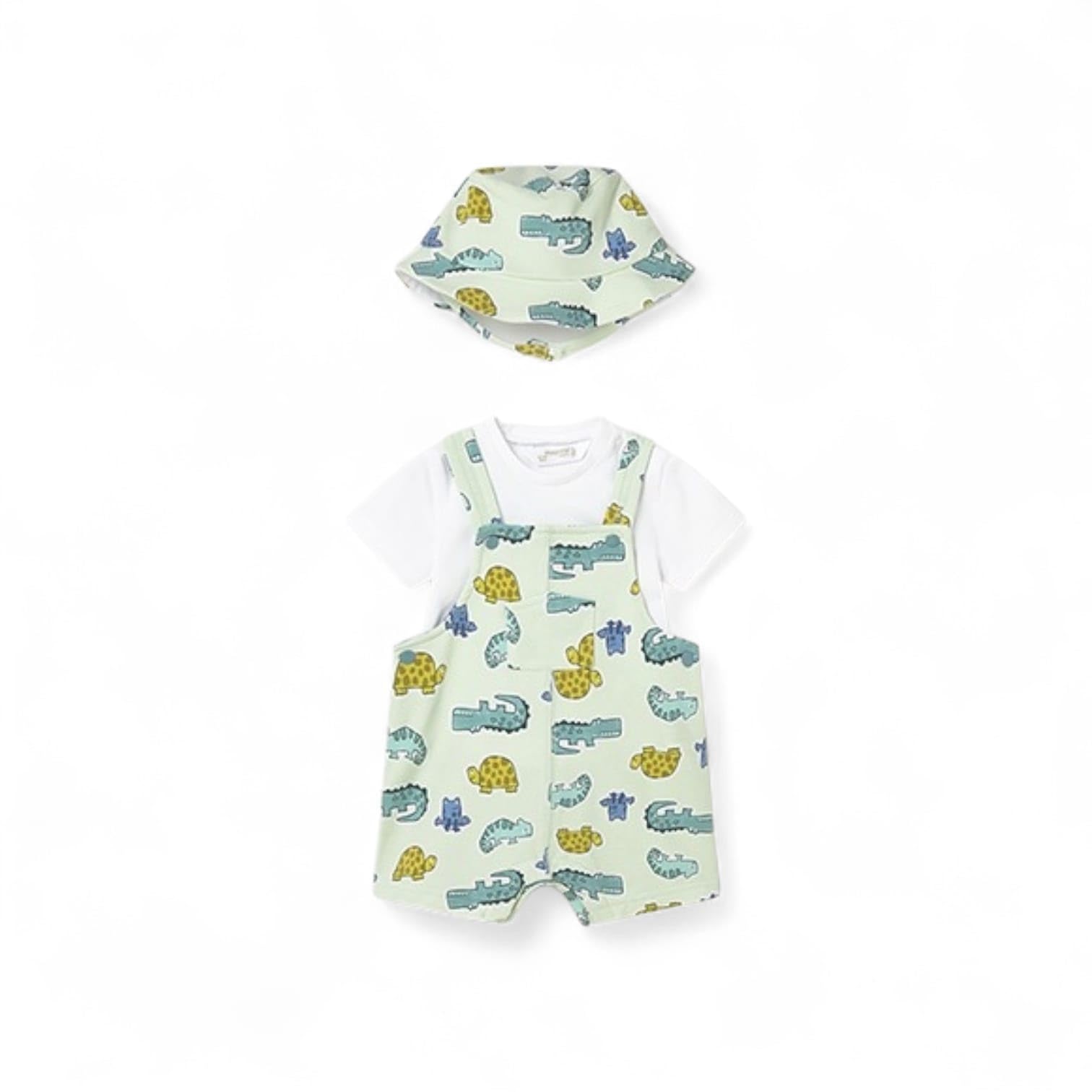 Mayoral Completo neonato 0-1 mese cm 55 con salopette verde acqua con dinosauri e cappellino abbinato