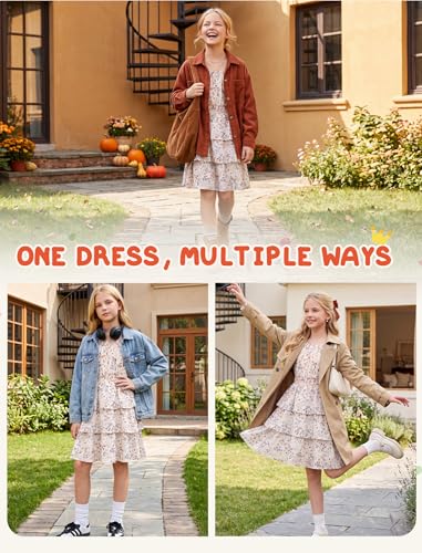 HOZIY Girls Fall Long Sleeve Floral Dresses Beige Teen Christmas Clothes - image 8