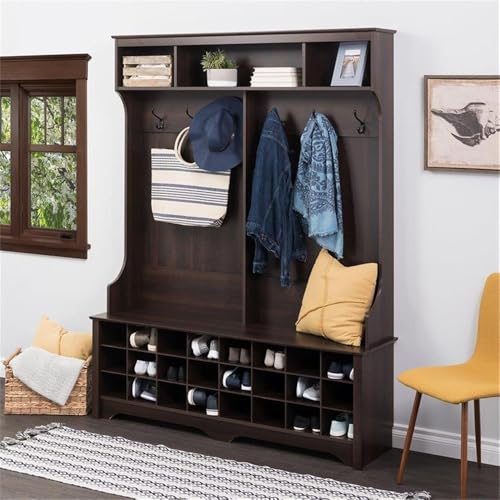 Prepac-Brown-Hall-Tree-Shoe-Cabinet-Storage-Cabinet-with-24-Shoe-Cubbies-and-6-Double-Coat-Hooks-155-D-x-60-W-x-77-H Prepac Brown Hall Tree Shoe Cabinet Storage Cabinet with 24 Shoe Cubbies and 6 Double Coat Hooks 155 D x 60 W x 77 H